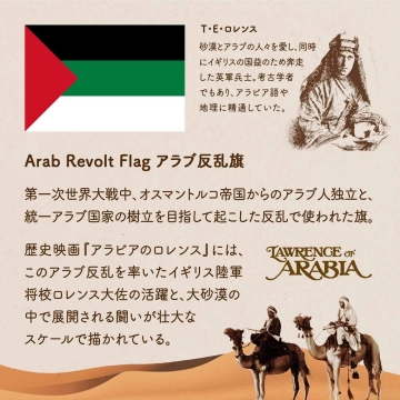 Arab Revolt Flag アラブ反乱旗の図、由来についてまとめた図。T・E・ロレンスと『アラビアのロレンス』のエピソードなども記載。